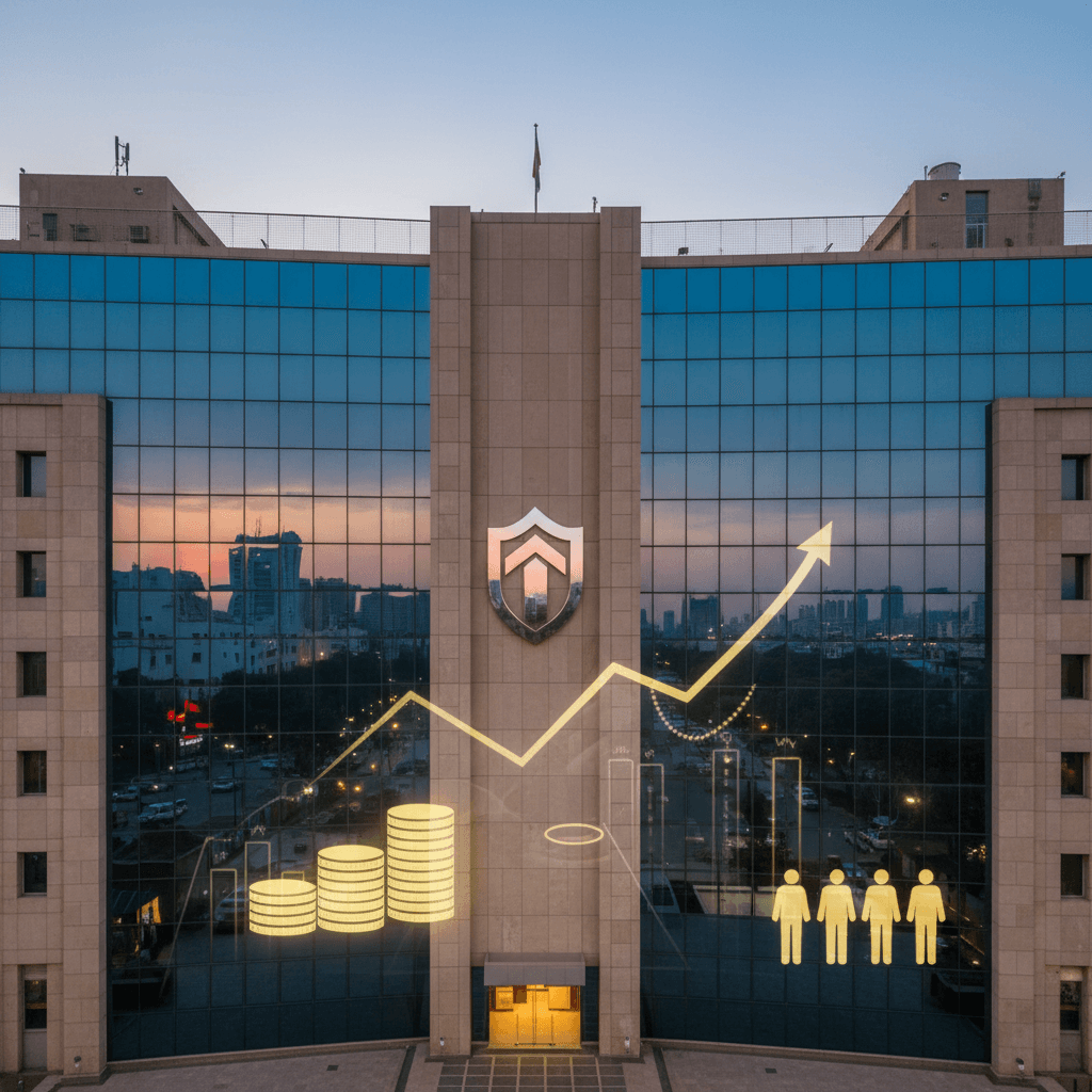 A modern bank building at dusk with a glow-up arrow, coin stacks, and people icons symbolizing cautious lending.