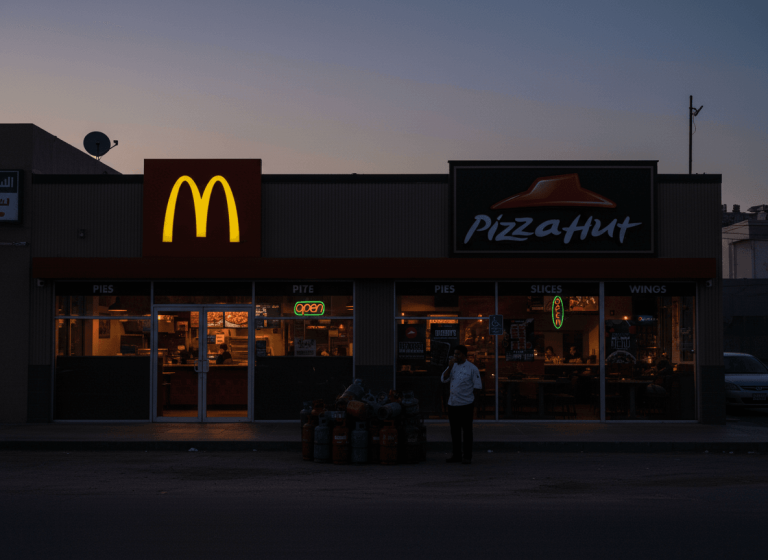 A man stands outside a dimly lit McDonald's and Pizza Hut at dusk, with several gas cylinders stacked nearby on the pavement.