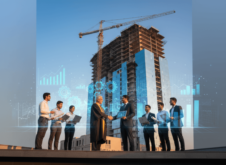 Two men shaking hands in front of a modern building under construction, surrounded by glowing data visualizations.