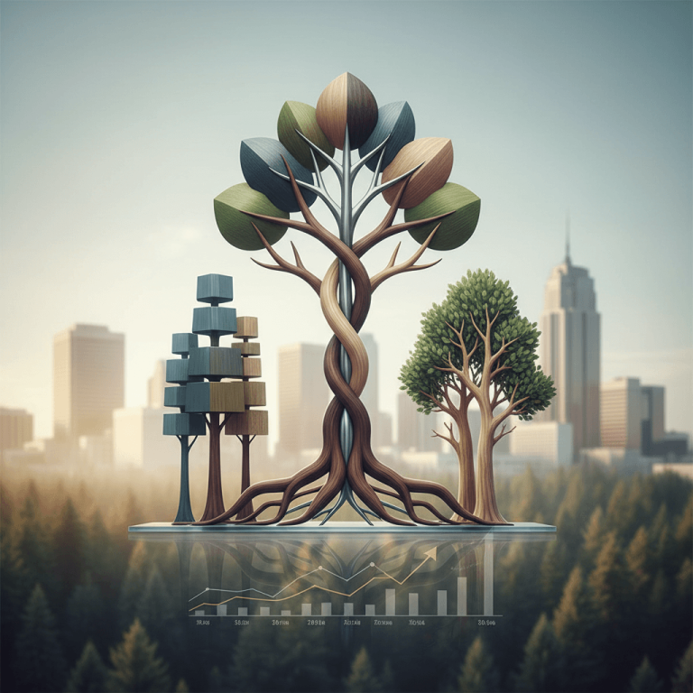 Stylized trees representing two merged timber companies, with a cityscape and financial charts, symbolizing growth.