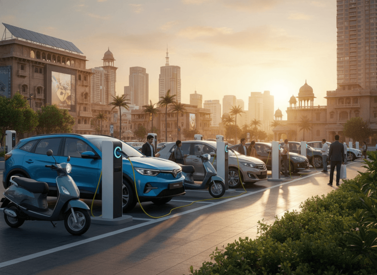 An array of electric cars and scooters charging at stations in a modern Indian city, with people walking nearby at sunset.