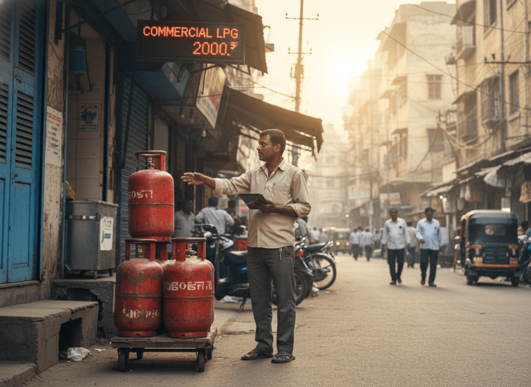 A man in a light shirt stands next to red LPG cylinders on a cart, gesturing towards a digital sign displaying "COMMERCIAL LPG 2000. ₹" on a bustling Delhi street.