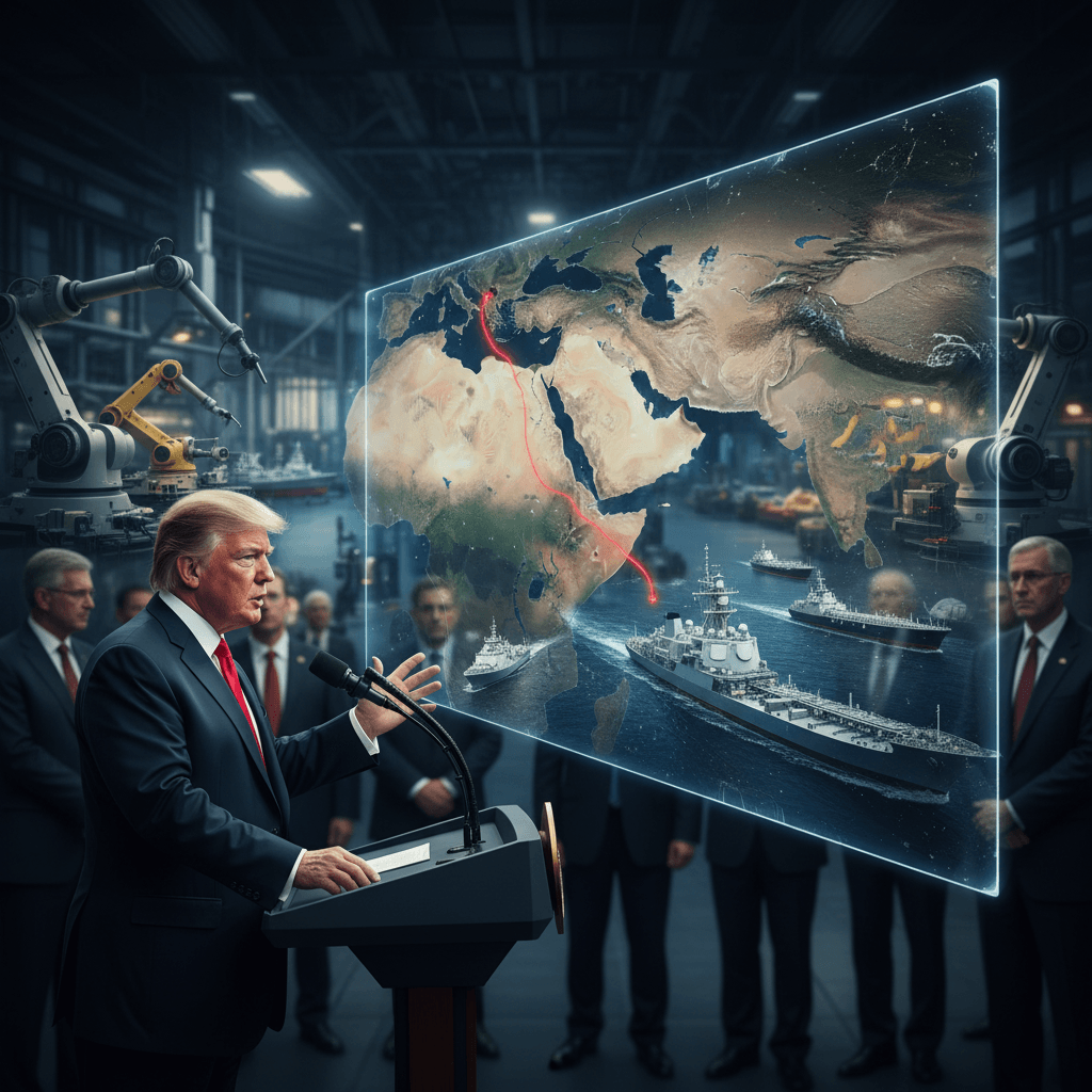 Donald Trump speaking at a podium with a holographic map of the Middle East and military ships.