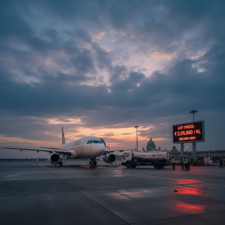 A jet airplane being refueled on a runway at dusk, with a digital sign showing "ATF PRICE: ₹ 2,05,000 / KL Record High".