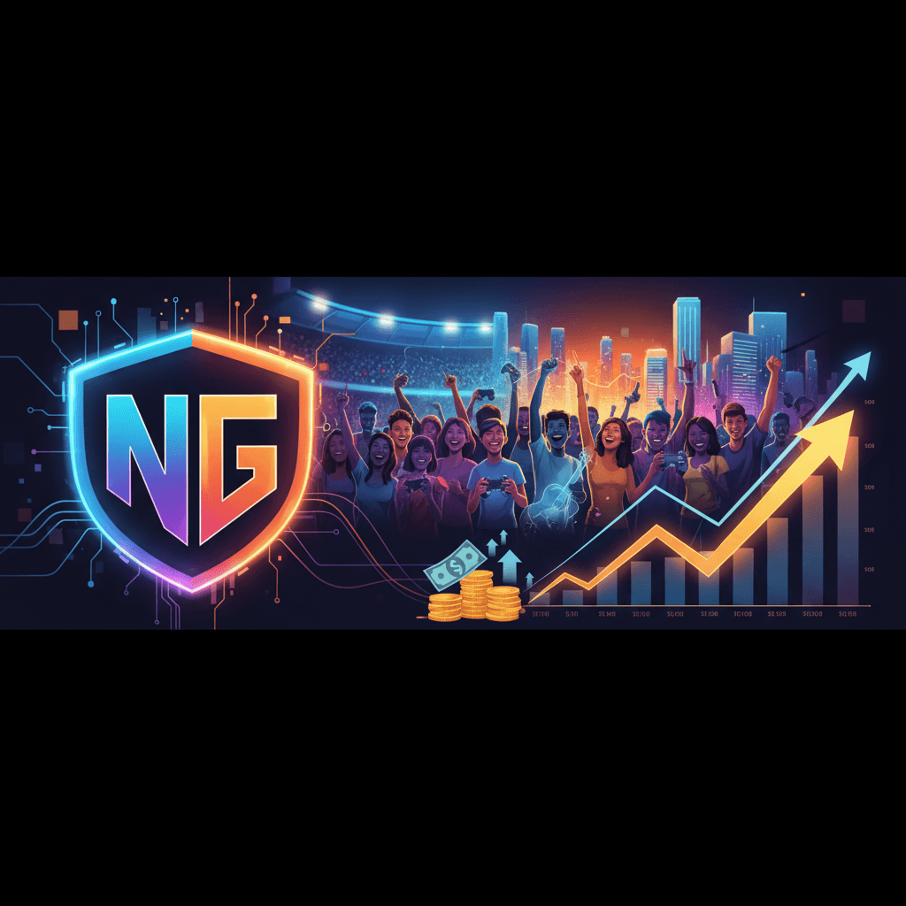 A vibrant graphic showing a shield with "NG" glowing, a cheering crowd, financial charts, and a city skyline.