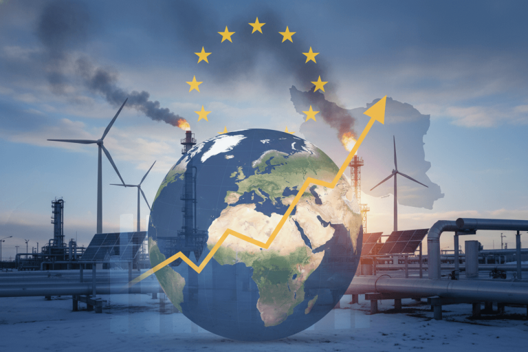 A composite image showing energy infrastructure, a globe with an upward trend arrow, the EU flag, and an outline of Iran.