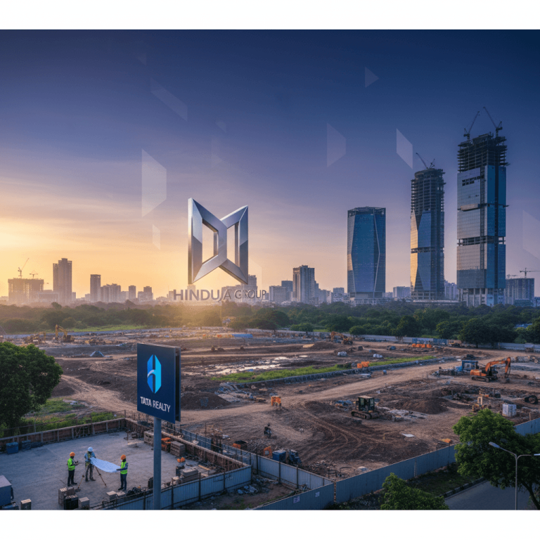 Aerial view of a large construction site in Bengaluru at sunset, with modern skyscrapers in the background.