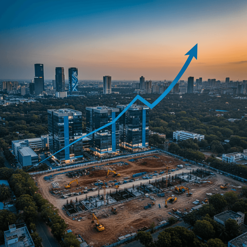 An aerial view of a construction site in Bengaluru with modern office buildings, an upward trending arrow, and a cityscape at dusk.