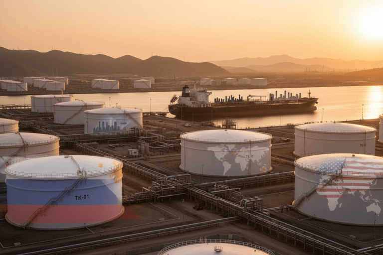Large oil storage tanks with subtle flag and map overlays, an oil tanker in a bay, and mountains at sunset.