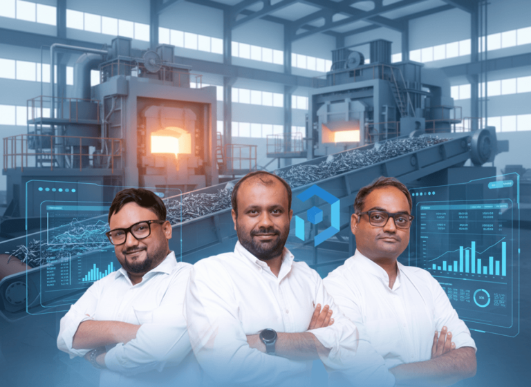 Three professional men in white shirts with crossed arms, against a backdrop of an industrial factory and data interfaces.