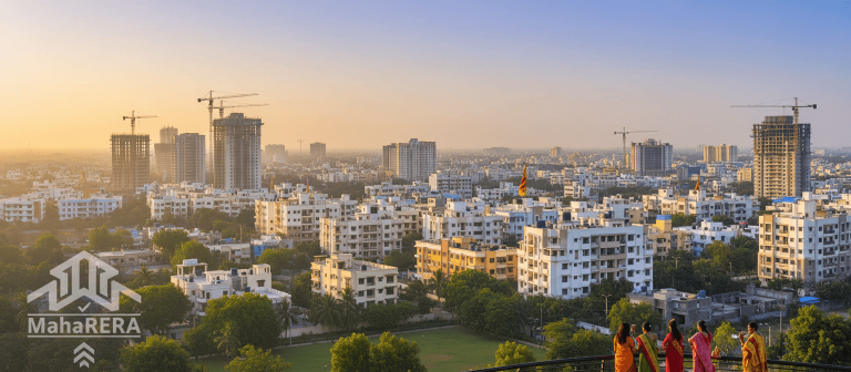 An aerial view of a bustling city in Maharashtra with numerous new housing projects under construction at sunset.