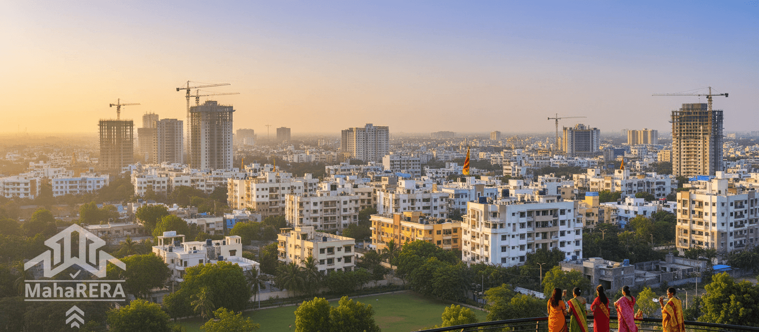 An aerial view of a bustling city in Maharashtra with numerous new housing projects under construction at sunset.