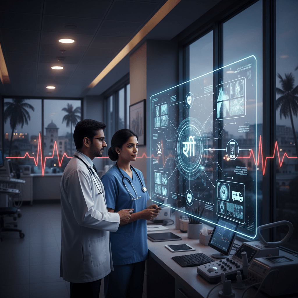 Two Indian healthcare professionals, a male doctor and a female nurse, analyze AI-driven medical data on a holographic screen in a modern clinic.