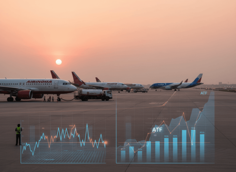 Airplanes from various Indian carriers at an airport during sunset, with financial charts overlaying the scene.