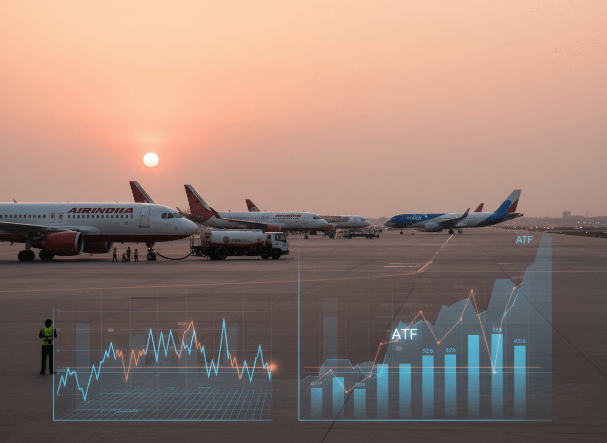 Airplanes from various Indian carriers at an airport during sunset, with financial charts overlaying the scene.
