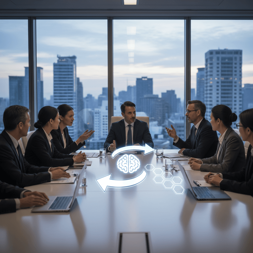 A group of professionals in a boardroom meeting, with city skyline in the background, discussing strategy.