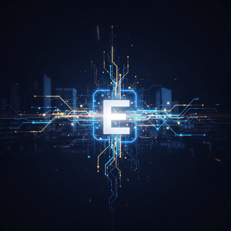 A glowing white letter 'E' at the center of a complex, interconnected digital circuit board with blue and yellow lines.