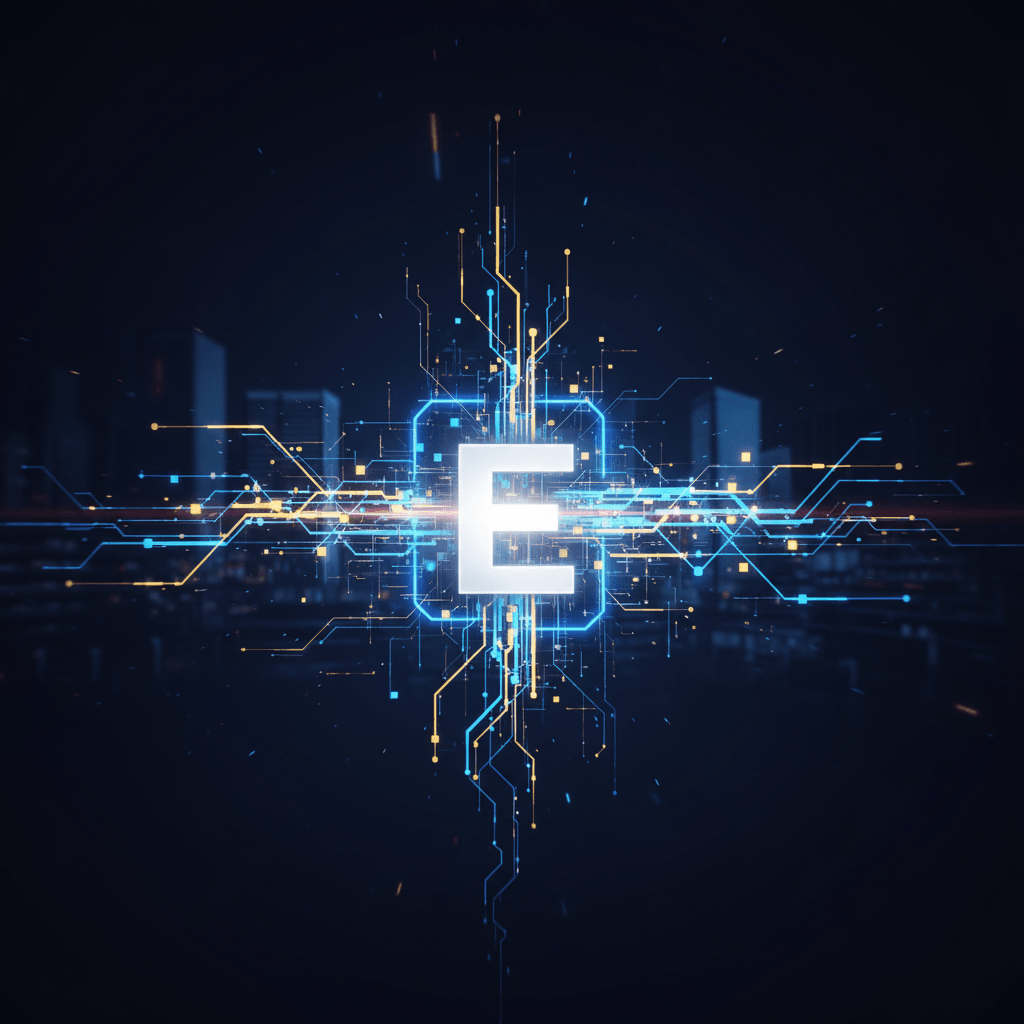 A glowing white letter 'E' at the center of a complex, interconnected digital circuit board with blue and yellow lines.