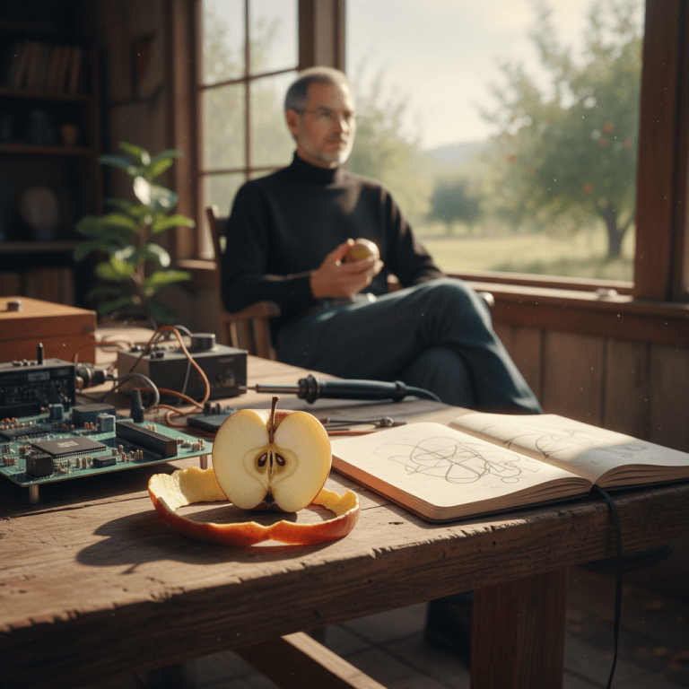 A man resembling Steve Jobs sits by a window, holding an apple, with circuit boards and a notebook on a wooden table.