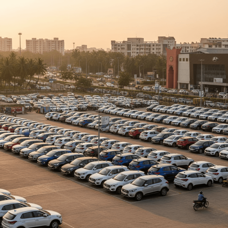A vast outdoor parking lot filled with new Hyundai cars under a warm, golden sky in an Indian city.