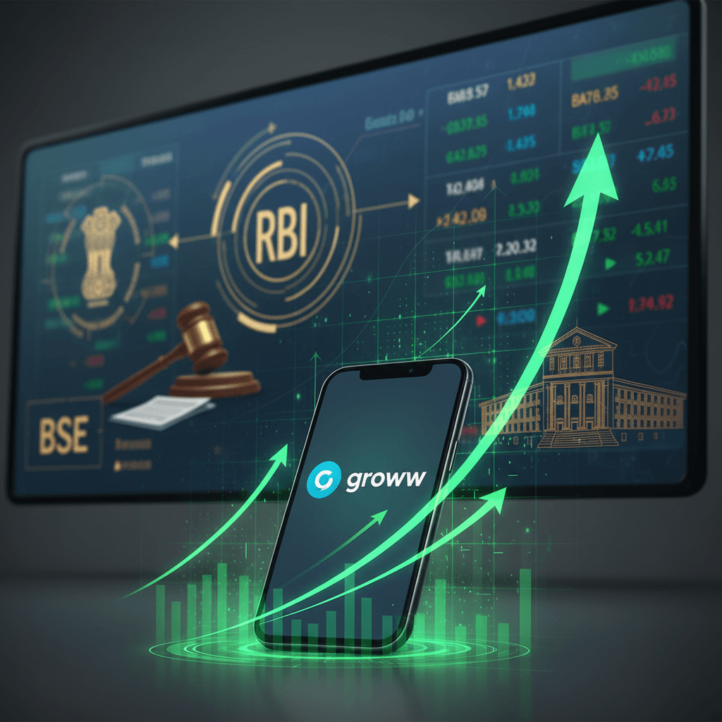 A smartphone displaying the Groww app logo, with green upward arrows symbolizing stock growth, against a backdrop of financial charts and symbolic representations of RBI, BSE, and legal scales.