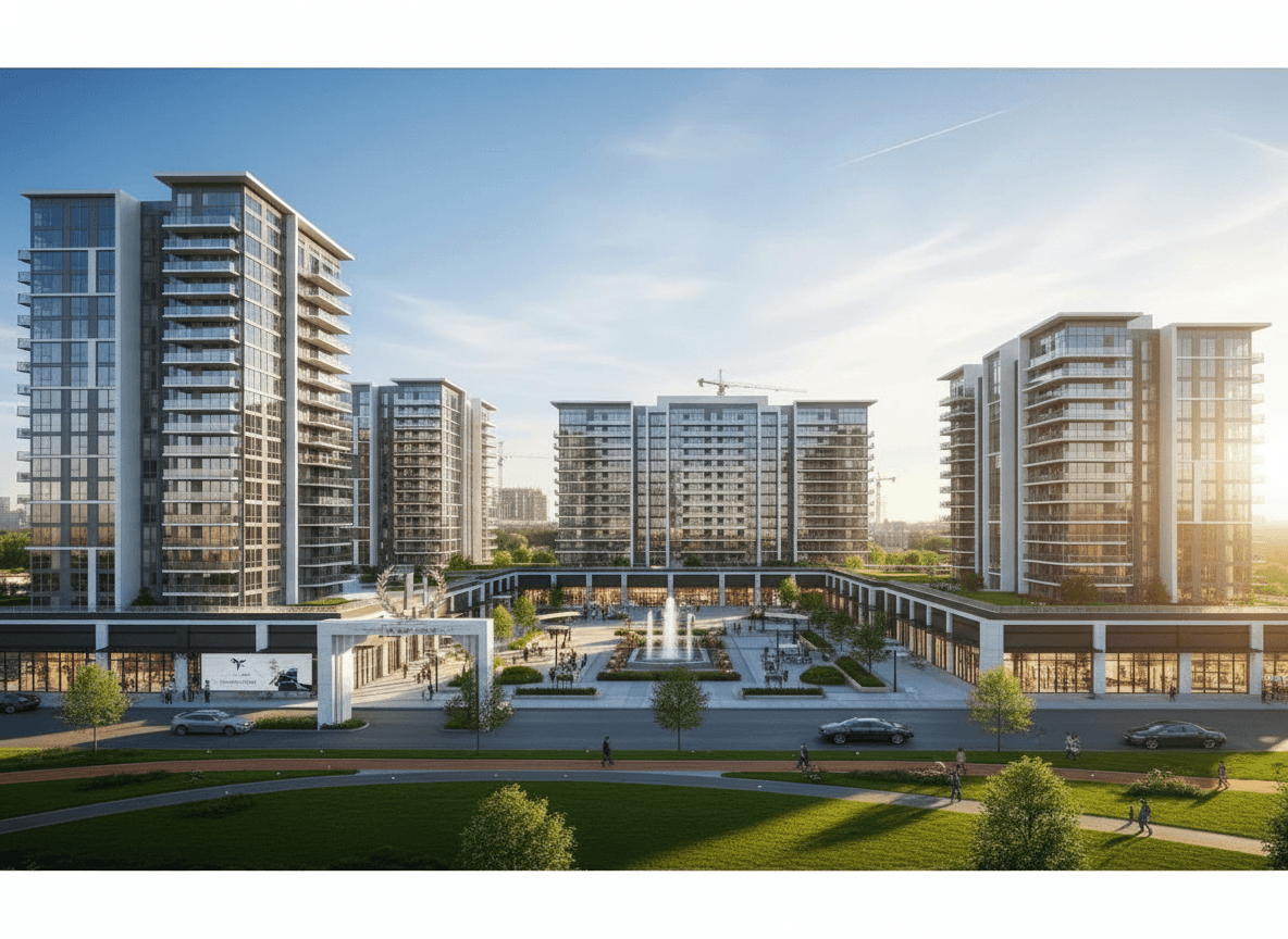 Architectural rendering of contemporary apartment buildings with ground-floor retail and a central plaza.