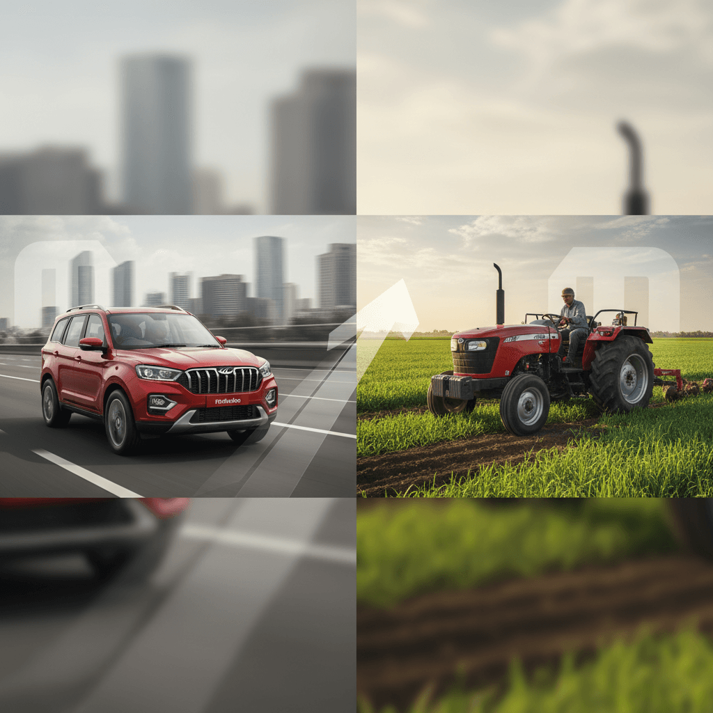 A modern red SUV on a highway and a red tractor tilling a green field under a clear sky.