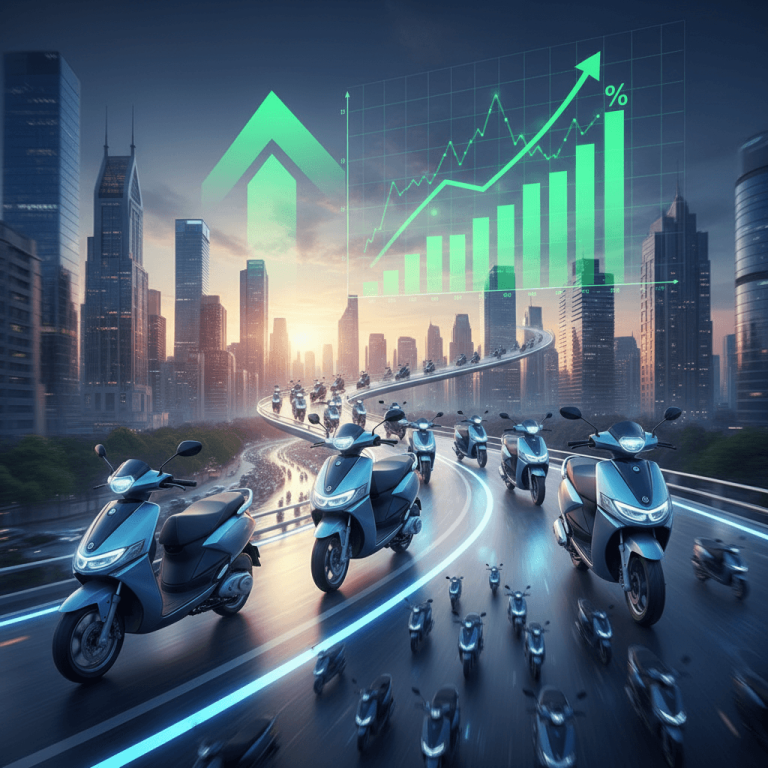 A dynamic image of numerous electric scooters driving on a modern city highway at dusk, with a prominent green upward-trending stock graph and arrow symbolizing growth and success in the background.