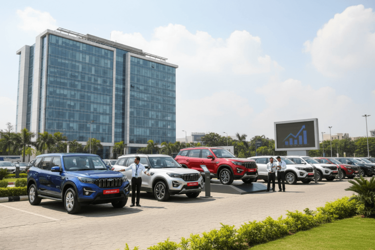 A row of new SUVs, including blue, white, and red models, displayed outside a modern glass building under a sunny sky.