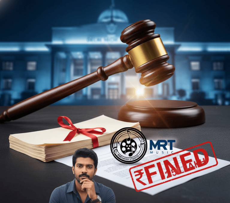 A judge's gavel next to legal documents, a "Fined" stamp, and Rakshit Shetty's image, set against a court building.