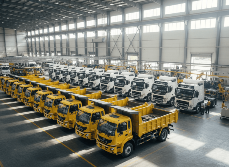 Rows of new yellow and white commercial trucks inside a large, well-lit factory warehouse.
