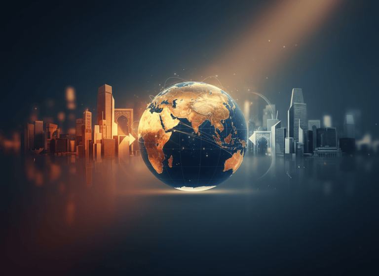 A glowing globe at the center, flanked by an abstract cityscape representing East and West, symbolizing global business deals.