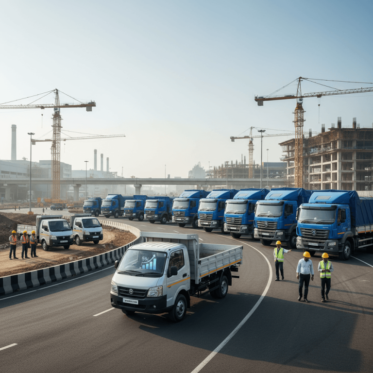 A line of diverse Ashok Leyland commercial vehicles, from light trucks to heavy-duty models, on a highway with construction in the background.