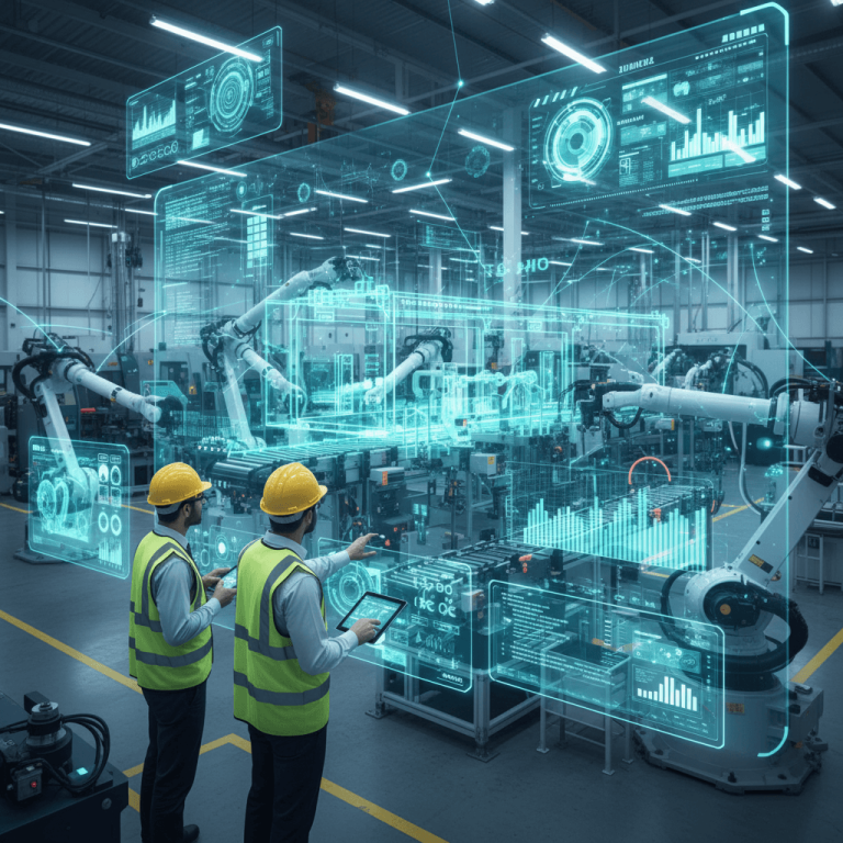 Two engineers in a factory interacting with holographic screens displaying real-time data and digital twins.