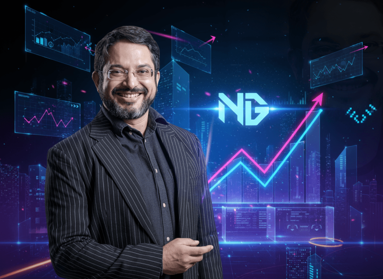 Sidharth Kedia, smiling confidently, in a professional setting with futuristic financial charts and a city skyline.