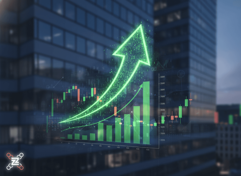A vibrant green arrow and stock charts overlaid on a modern office building, symbolizing financial growth and market surge.
