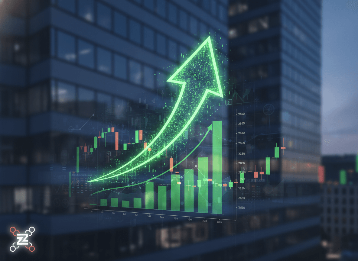 A vibrant green arrow and stock charts overlaid on a modern office building, symbolizing financial growth and market surge.