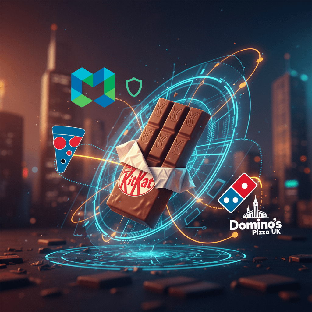 A KitKat bar at the center of a digital network with icons representing Microsoft and Domino's Pizza UK.