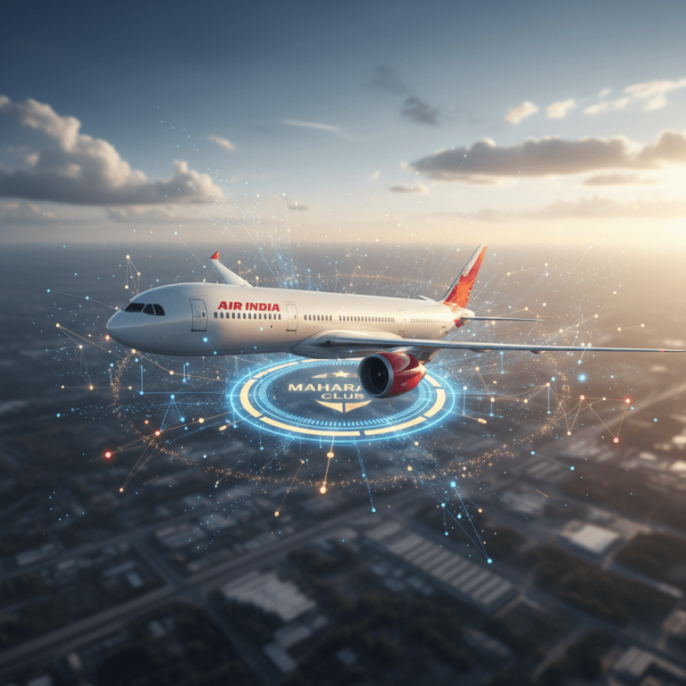 An Air India aircraft flying over a city, surrounded by a glowing digital "Maharaja Club" interface.