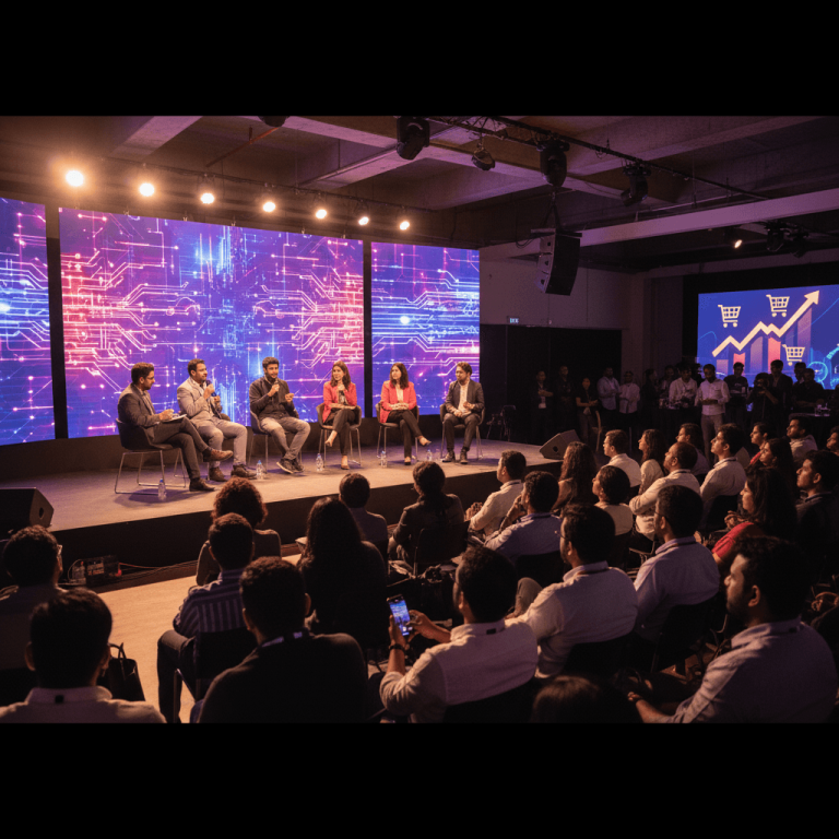 A panel of five D2C founders on stage, speaking to a large audience at a professional conference in Bengaluru, India.