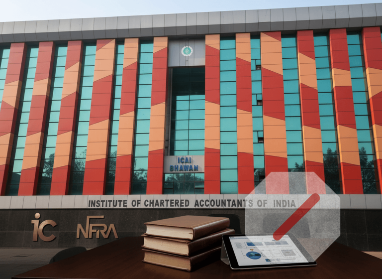 A modern building, books, and a tablet displaying financial charts, symbolizing accounting standards and regulatory discussions.