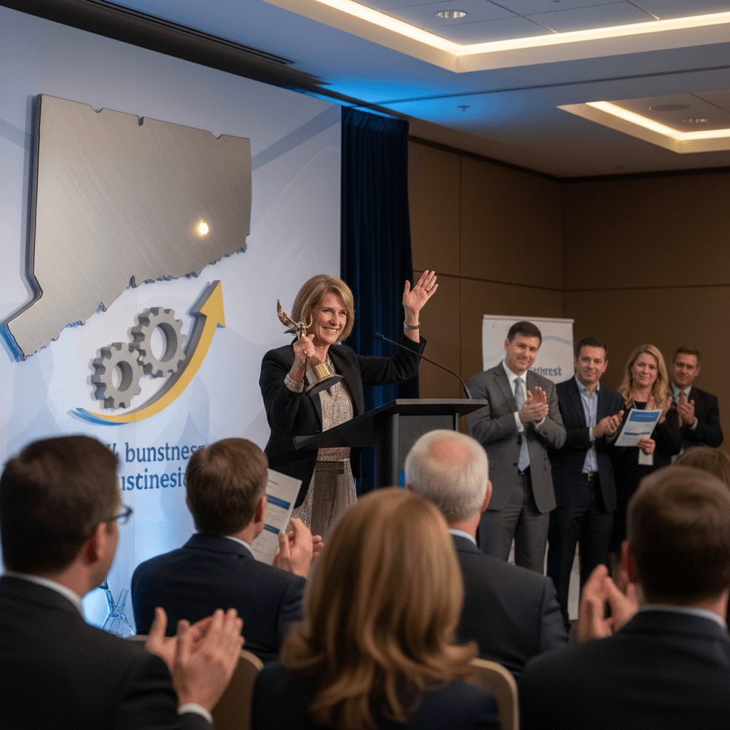 A woman accepts an award on stage at a professional event, with an audience applauding and a Connecticut map backdrop.