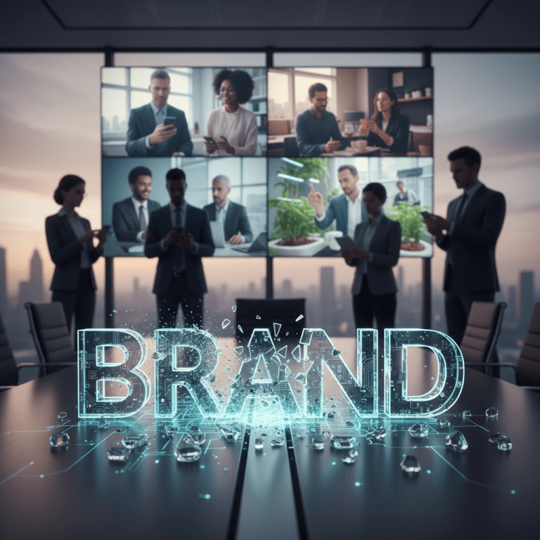 A glowing, fragmented "BRAND" on a meeting table with business people and a multi-screen video conference in the background.