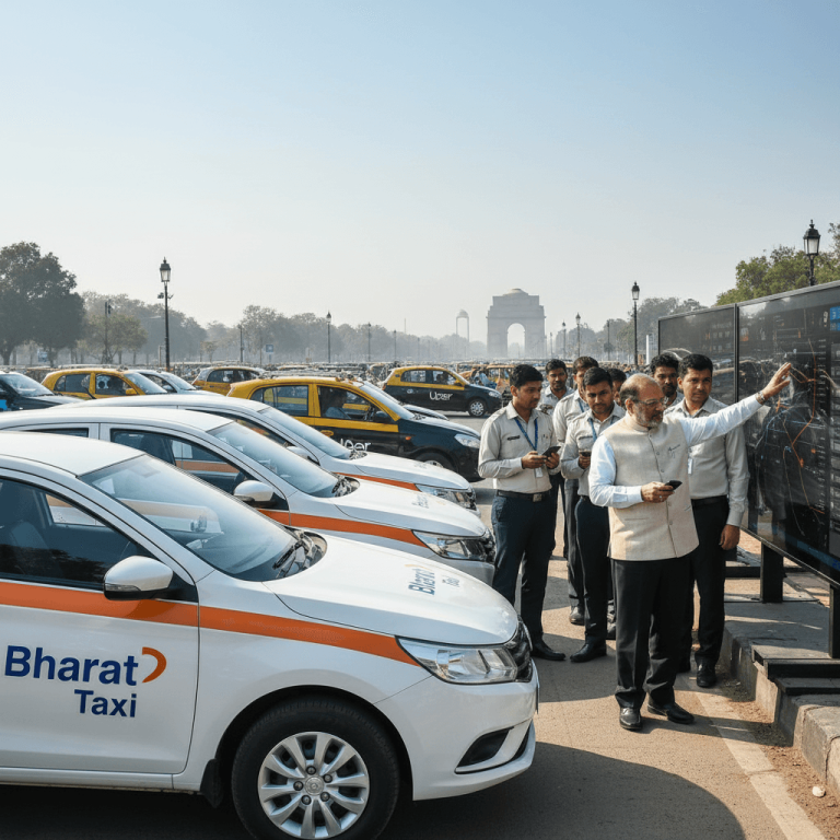 A man in traditional Indian attire points at a large digital map, with Bharat Taxi cars and other ride-hailing vehicles.