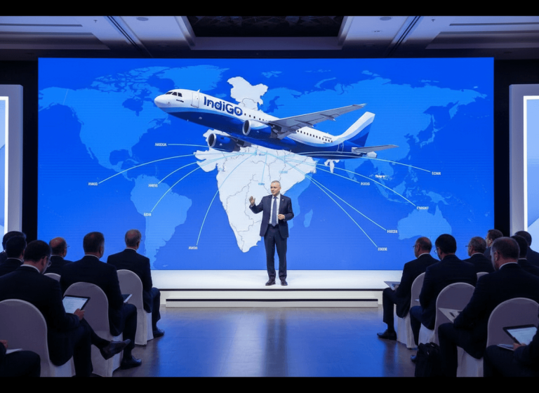 Willie Walsh, in a suit, presenting IndiGo's global expansion strategy on a large screen with a map of India and an airplane.