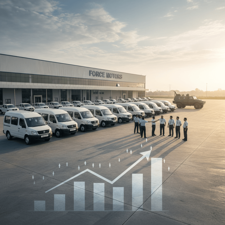 An aerial shot of a Force Motors factory with vehicles and an overlay of a rising sales graph.