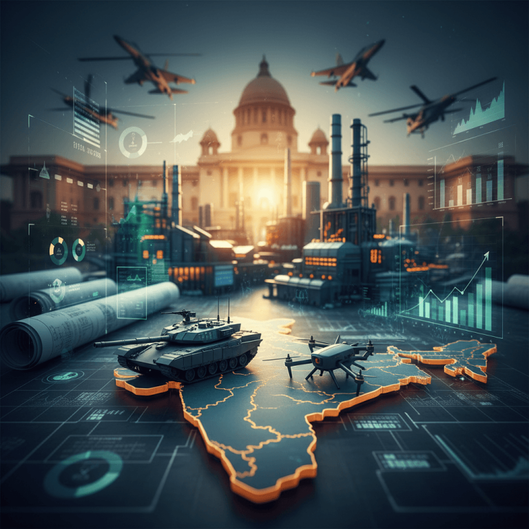 An image showing a tank and a drone on a map of India with a government building, factories, and fighter jets in the background.
