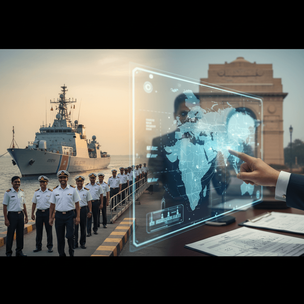 A composite image showing Indian seafarers, a ship, and a hand interacting with a holographic world map.