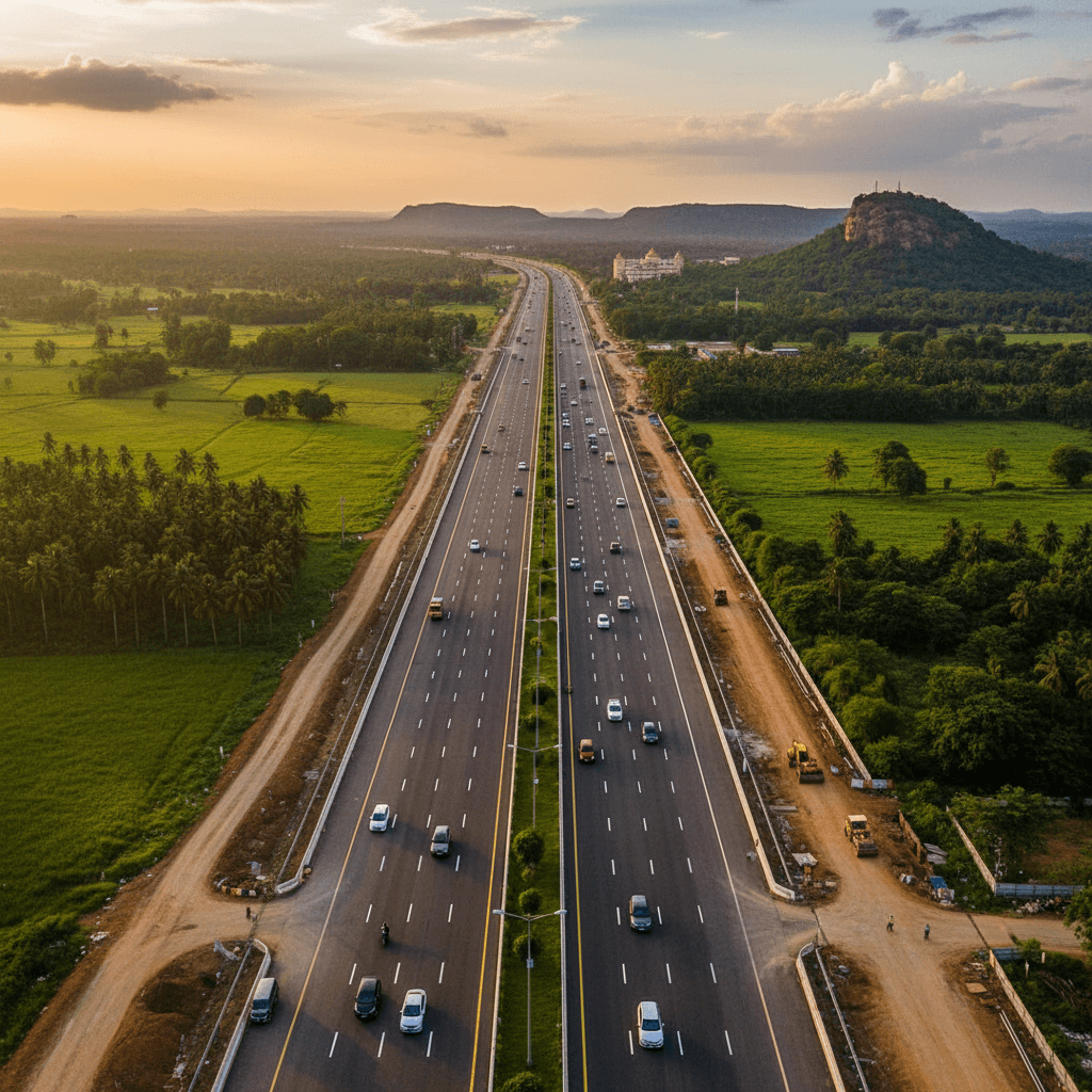 An aerial view of a wide, multi-lane highway stretching through green fields and distant hills at sunset.