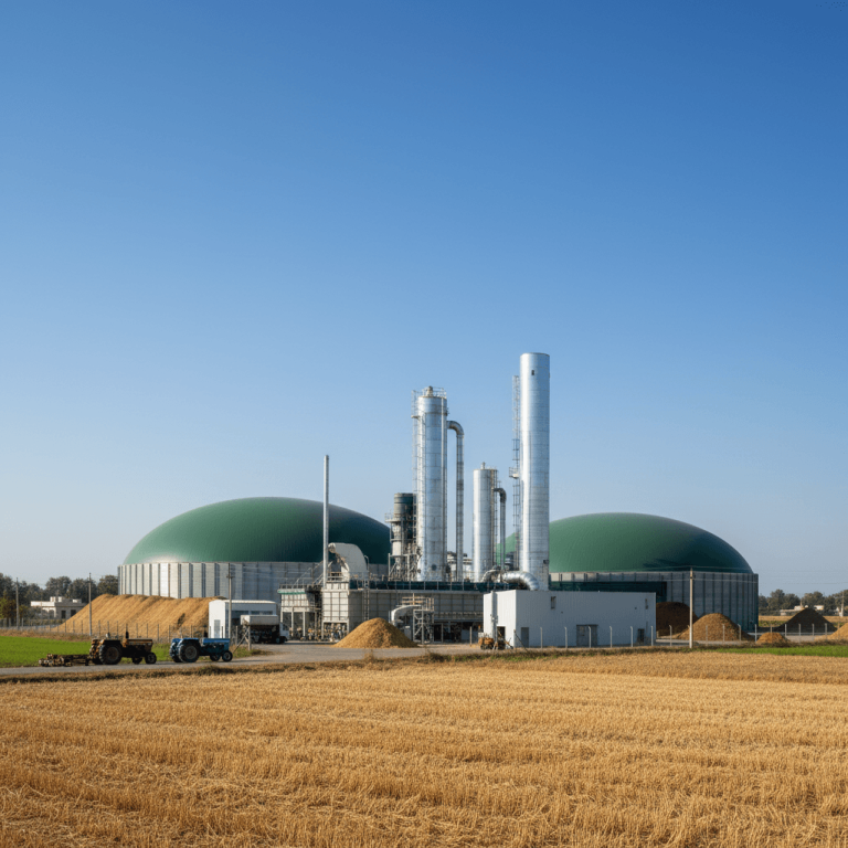 A biomass energy plant with large green domes and tall silver towers, surrounded by golden harvested fields under a clear blue sky.